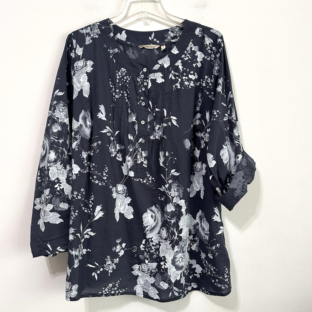 Soft Surroundings Tuberosa Tunic 1X Plus‎ Navy White Roll Tab Pintuck Shirt Work